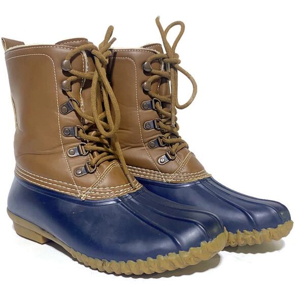 Esprit Rubber Duck Boots Women's Size 7.5 Faux Fur Lined Lace Up Brown & Blue - Picture 1 of 8